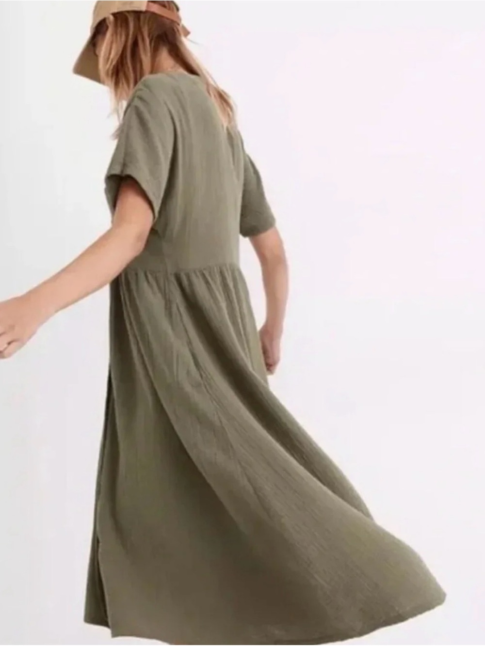 Madewell Olive Green V-Neck Button-Front Midi Dress - Picture 2 of 5